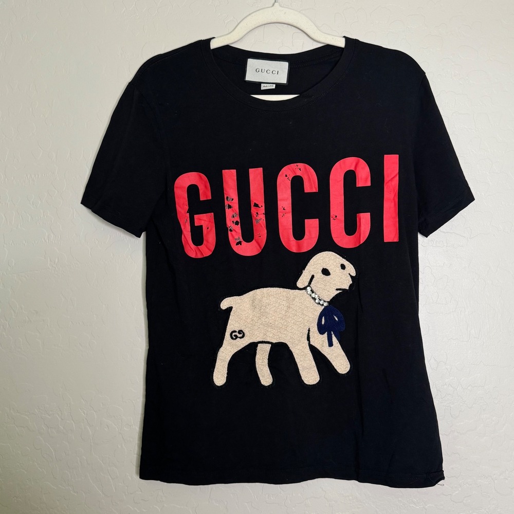 Gucci Womens 100% Cotton T-Shirt S Black Lamb Logo Crystal Streetwear Y2K